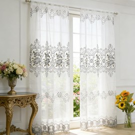 WPKIRA Floral Embroidered Sheer Curtains Luxury European Embroidery Tulle Curtains for Living Room/Bedroom 1 Panel Rod Pocket Top Window Treatment Drapes W40 x L84 inch