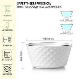 Yeacccng Cereal Bowls Set of 6, 30oz Ceramic Soup Bowls, Scratch-Resistant, Lead-Free, 6 inch White Cereal Bowls for Oatmeal, Salad, Pasta, Soups, Dessert Snacks, Fruits, Dishwasher & Microwave Safe