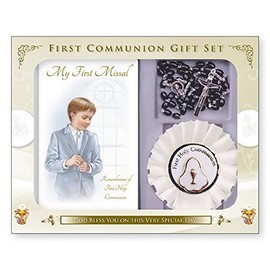 First Holy Communion gift set Boys Black Rosary Beads, Missal & Rosette