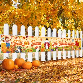 HOWAF Fall For Jesus party Supplies Banner Christian Religion Polyester Hello fall Party Supplies, He Never Leaves party banner for Autumn Harvest Holiday Yard Outdoor Ouside Decoration, 105*15 inch