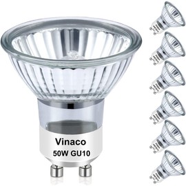 Vinaco Halogen GU10+C 120V 50W Long Lasting, Candle Warmer lamp Bulb 50 watt Warm White 2800K, Dimmable 50watt MR16 with Glass Cover for Track Lighting, Range Hood, Pack of 6