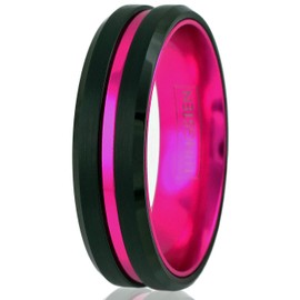 Fantabulous 6mm/8mm Brushed Satin Finish Black Tungsten Carbide Band Ring w/Hot Pink Stripe & Hot Pink Anodized Aluminum Inner Band feat. Comfort Fit. (tungsten (6mm), 11)