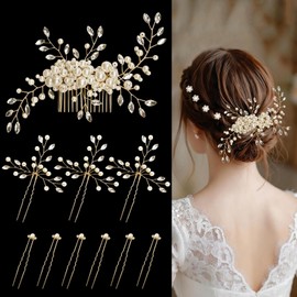 10 Pieces Crystal Wedding Hair Accessories, Rhinestones Pearl Bride Hair Comb and Hair Pins, Elegant Wedding Jewelry Headpiece Side Combs for Prom Bride Bridesmaids Bridal Women Flower (Gold)