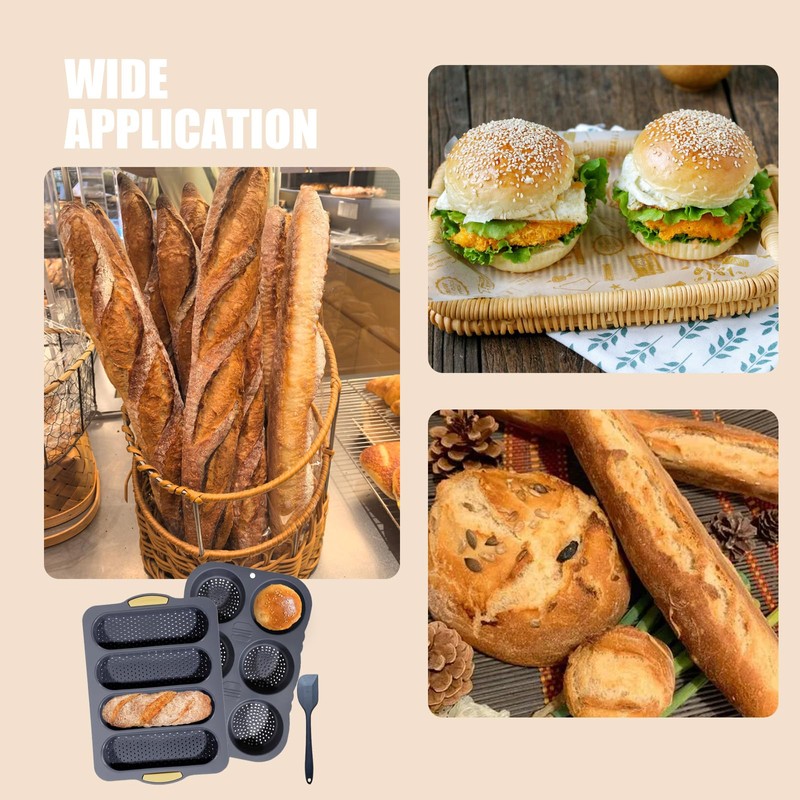 3 PCS Silicone Hamburger Bun Pan and Baguette Pan Set,