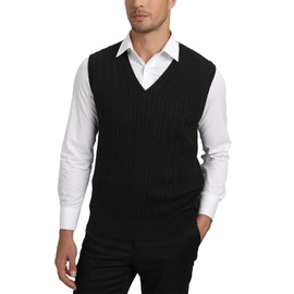 Kallspin Men’s Wool Blended Cable Knit Vest Sweater V Neck Relaxed Fit Sleeveless Pullovers (Black XX-Large)