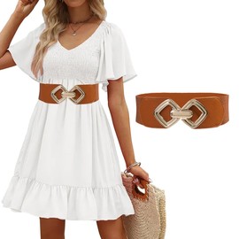 TOFBS Women's Wide Elastic Waist Belt Vintage Cinch Belt Fashion Golden Buckle Waist Belt for Dresses Evening Dress Pullover, light brown