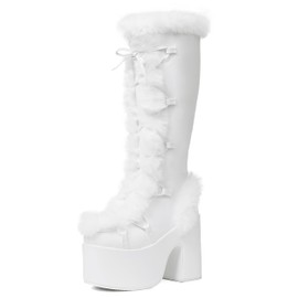 Accloris White Platform Knee High Boots For Womens Warm Faux Fur Lace Up Side Zipper Chunky Heel Punk Goth Winter Snow Mid Calf Boots Size6.5