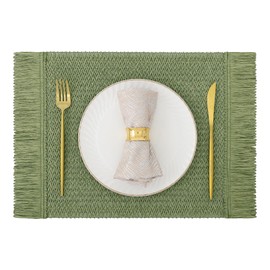 SHACOS 4 PCS Boho Tassel Paper Woven Braided Placemats 12x18 inch Aesthetic Natural Rustic Place Mats for Dinner Wedding Party Beach Farmhouse Table Decoration, Green