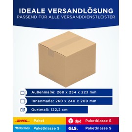 KK Verpackungen Shipping Boxes 260 x 240 x 200 mm Brown Double Corrugated (Outer Dimensions 268 x 254 x 223 mm) | Pack of 50 Folding Boxes Suitable for Shipping as DHL Parcel DPD Hermes GLS Package
