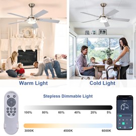 Depuley 52-Inch Ceiling Fan with Light: Brushed Nickel Ceiling Fans with 5 Blades Dual Finish Reversible - Farmhouse Ceiling Fan with Remote Control for Living Room Outdoor Patios