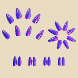 Chrome Press On Nails Medium Almond Fake Nails Purple False Nails With Mirror Metallic Design Acrylic Full Cover Nails Artificial Nails Glossy Glue On Nails Stick On Nails For Women 24pcs