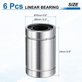 sourcing map 6Pcs LM8UU Linear Bearing 8mm Bore 15mm OD 25mm Length Linear Ball Bearings Double Side Rubber Sealed Bearing Steel for CNC Machine 3D Printer Food Packaging Machine