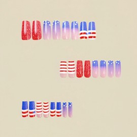 4th of July Press on Nails Medium Square Fake Nails Ombre French Tip Acrylic Nails Glossy Glue on Nails Cute False Nails with Stars Stripes Designs Blue Pink Gradient Stick on Nails for Women 24Pcs