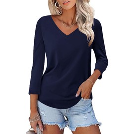 KTILG Womens Summer Tops 2024 Dressy Casual Long Sleeve Shirts V Neck Tees Solid Pretty BlousesNavy Blue XL