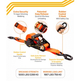 Strapinno 2PCs Retractable Ratchet Tie-Down Straps,5,000 lbs Break Strength- 2 in x 12 ft Heavy Duty Ratchet Strap with Safety Lock S Hooks for Motorcycles, ATVs, UTVs, Lawn Equipment & Cargo-Orange
