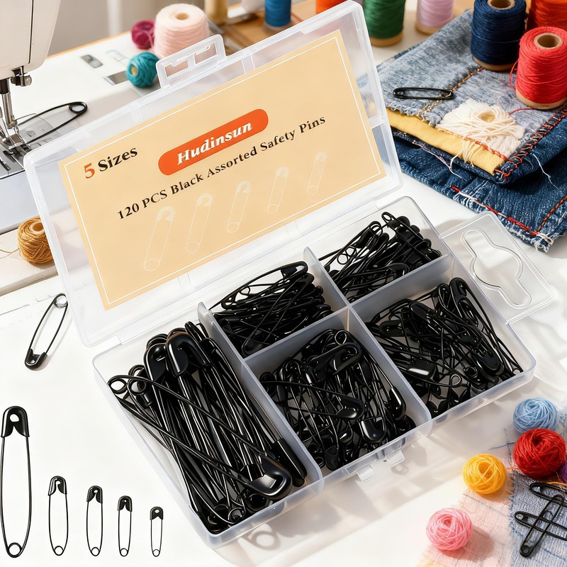 Hudinsun 120 PCS 5 Different Sizes Black Safety Pins Assorted,
