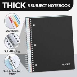 SUNEE 5 Subject Graph Paper Notebook - 400 Pages, 9"x11", 4x4 Graph Ruled Notebook, 5 Pocket Colored Dividers, 3-Hole Punched Paper, Black