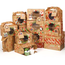 Cinnvoice 24 Pcs Christmas Cookie Boxes Bulk Christmas Bakery Boxes with Window 2 Styles Treat Boxes with Tags Strings Xmas Party Cupcake Candy Containers for Pastry Packaging Supplies