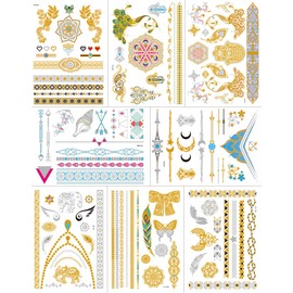 Aresvns Flash Temporary Tattoos for Women Peacock, 8 Sheets Waterproof Shiny Jewelry Tattoos,Gold Tattoo Metallic Tropical Hawaiian Fake Tattoo Stickers