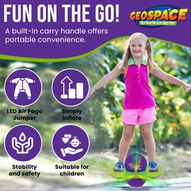 Geospace Original LED AIR POGO Jumper Deluxe with Motion-Activated Lights, Indoor or Outdoor Trick Bounce Board for Boys, Girls, Teens Ages 6+ or up to 160 lbs, Pump Included (Purple/Green)