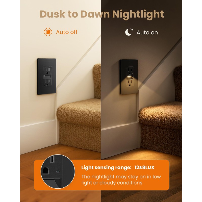 SURAIELEC 15A Night Light Wall Receptacle, Dusk-to-Dawn Guide Light, 3000K