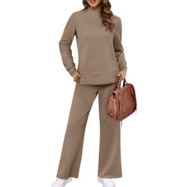 XIEERDUO Womens Plus Size Lounge Sets Fall Trendy Two Piece Travel Outfits Winter Long Sleeve Tracksuit Airport Loungewear Mock Neck Sweatsuit Wide Leg Track Suit Vacation Clothes Clothing Khaki 3XL