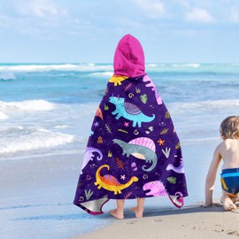 Dinosaur Girls Beach Towel with Hoodie for Kids Toddlers Age 8-12, Purple Bath Towels Shower Wrap for Girls, Large Hooded Beach Blanket for Pool Swimming Wearable Bath Towel for Child 35''x60''