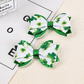 2Pcs St. Patrick's Day Bow Hair Clips - Glitter Sequin Shamrock Handmade Irish Green White Clover Grosgrain Ribbon Alligator Barrettes Party Cheer Accessories for Women Girls (Light Green-Clover)