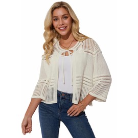 GRACE KARIN Women's Summer Elegant Short Cardigan with Bow 3/4 Sleeves Crew Neck Crop Pullover, White