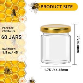 Betrome 1.5 oz Mini Glass Honey Jars, 60 Pack 45ml Clear Canning Jars Jam Jars with Gold Lids, Wood Dipper, Bee Pendants,Twine String,Bee Stickers &Tags -Perfect for Baby Shower,Wedding Party Favors.