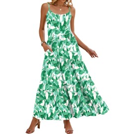 Naggoo Floral Maxi Dress for Women Spaghetti Strap Long Tiered Flowy Dress Boho Dresses Floral Green X-Large