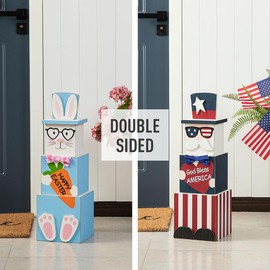Glitzhome 24" H Double Sided Wooden Porch Decor Easter and July 4th, Easter Bunny Uncle Sam Nesting Boxes with Lid Decorative Boxes for National Day Easter