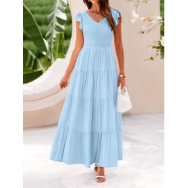 MASCOMODA Womens Summer Maxi Dress Casual V Neck Cap Sleeve Smocked Dresses Ruffle Tiered Beach Party Long Flowy Sundresses(Light Blue,Large)