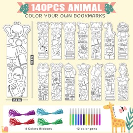 140PCS Color Your Own Bookmarks, 14 Styles Animal DIY Coloring Blank Bookmarks for Kids, Cartoon Animal Unfinished Page Marker for Reading Lover, Party Game Prize Classroom
