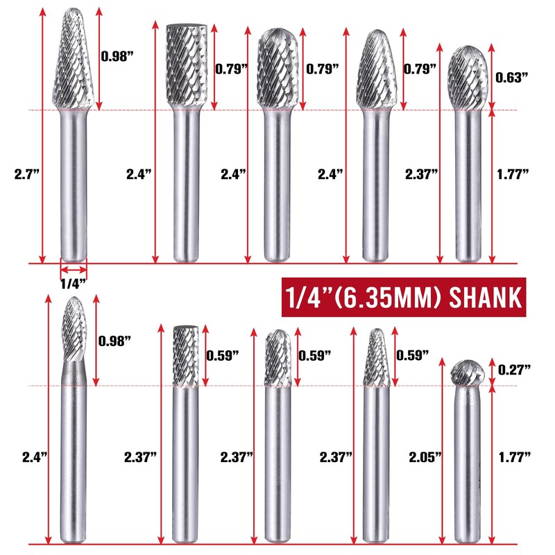 Tungsten Carbide Burr Set, 1/4" Shank, 10Pcs Die Grinder Bits,