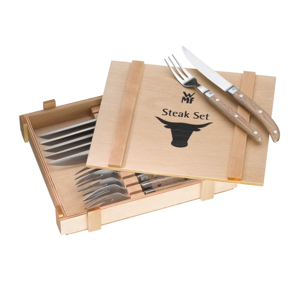 WMF Steak Cutlery Set 12-Piece for 6 People Ranch Blade: Special Blade Steel Forged | Cromargan Stainless Steel Polished Oak Wood Oiled