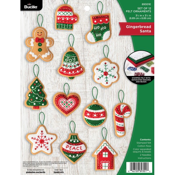 Bucilla Felt Applique 12 Piece Ornament Making Kit, Gingerbread Santa,