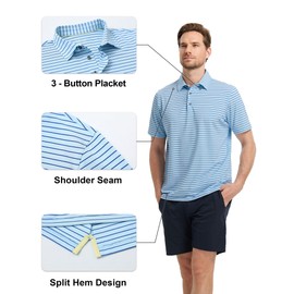 Rouen Golf Shirts for Men Performance Moisture Wicking Casual Striped Polo Business Mens Polo Shirts Short Sleeve