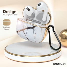 EAZY CASE - Protective Case for AirPods 3 Case White Hard Case Shockproof with Carabiner Suitable as Key Chain Anti-scratch Case Non-Slip Hard Case for Airpod 3rd Generation in Marble Look White