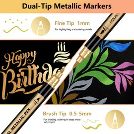 Metallic Marker Pens, 12 Colors Dual Tip Acrylic Paint Pens for Black Paper, Scrapbooking, Photo Album, Rock Painting, Paint Marker for DIY Arts & Crafts, Glass, Wood, Card Making, Scrapbook Supplies