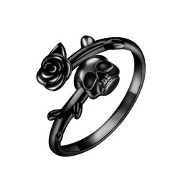 YAFEINI Skull Ring 925 Sterling Silver Ajustable Black Rose Skull Gothic Wedding Ring Gothic Jewelry Gifts for Women Men
