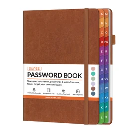 SUNEE Password Book with Colorful Alphabetical Tabs, Password Books for Seniors, Password Keeper Book for Computer and Internet Address Website Login, 5.3''x 7.7''- Brown