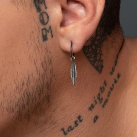 Sterling Silver Hoop Earring with Charm Men's Earring Feather Earring for Men Gift for Men Jewellery Gothic Gothic Black Huggie Hoop Earring Men (Silver)
