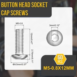DTGN M5-0.8x12mm Button Head Socket Cap Screws - 60Pack - Good for Road Bicycle, Mountain Bike, Auto, Motorcycle - 304 Stainless Steel Whitewashed - Hex Drive Fasteners