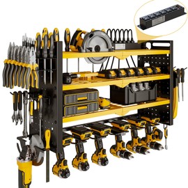 NattyDot Power Tool Organizer Wall Mount with Charging Station 4 Layer 6 Slot Cordless Drill Holder with Angle Grinder Holder (Yellow)