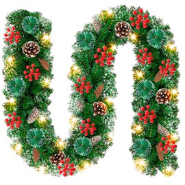 PQETBV Christmas Garland, 2.7 m Garland Christmas with Pine Cones and Red Fruits, Christmas Decoration for Indoor and Outdoor Use for Home, Stairs, Fireplace, Front Door, Patio and Gardens