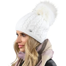 Alur Women's Beanie Winter Hat Knitted Hat with Bobble - Warm Elastic Elegant Winter Hat Eko Bobble Hat - Soft Yarn Stylish Universal Warm, White