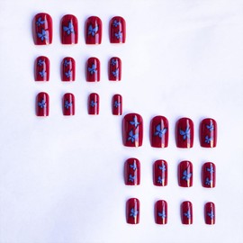 Butterfly Press on Nails Square Short Fake Nails Dark Red Glue on Nails Glossy Artificial False Nails Press Ons Blue Butterfly Acrylic Reusable Full Cover Stick on Nails for Women Girls 24Pcs