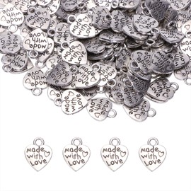 Shapenty Heart Shaped “Made with Love” Lettering Charms Mini Peach Double Sided Pendants Charms Bulk for DIY Craft Keychain Earrings Bracelets Necklace Jewelry Making Findings,150PCS (Silver)