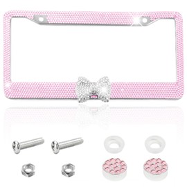 2PCS Bling Car License Plate Frame for Women,Stainless Steel Sparkly Car Plate Holder with Crystal Rhinestones, Glitter Diamond Vehicle Bow Plate Covers,Decorative Auto Accessories (PinkWhite)